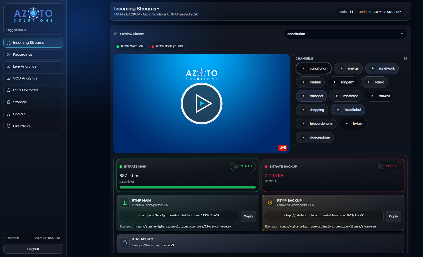 Incoming Streams — Monitor e controllo in tempo reale
