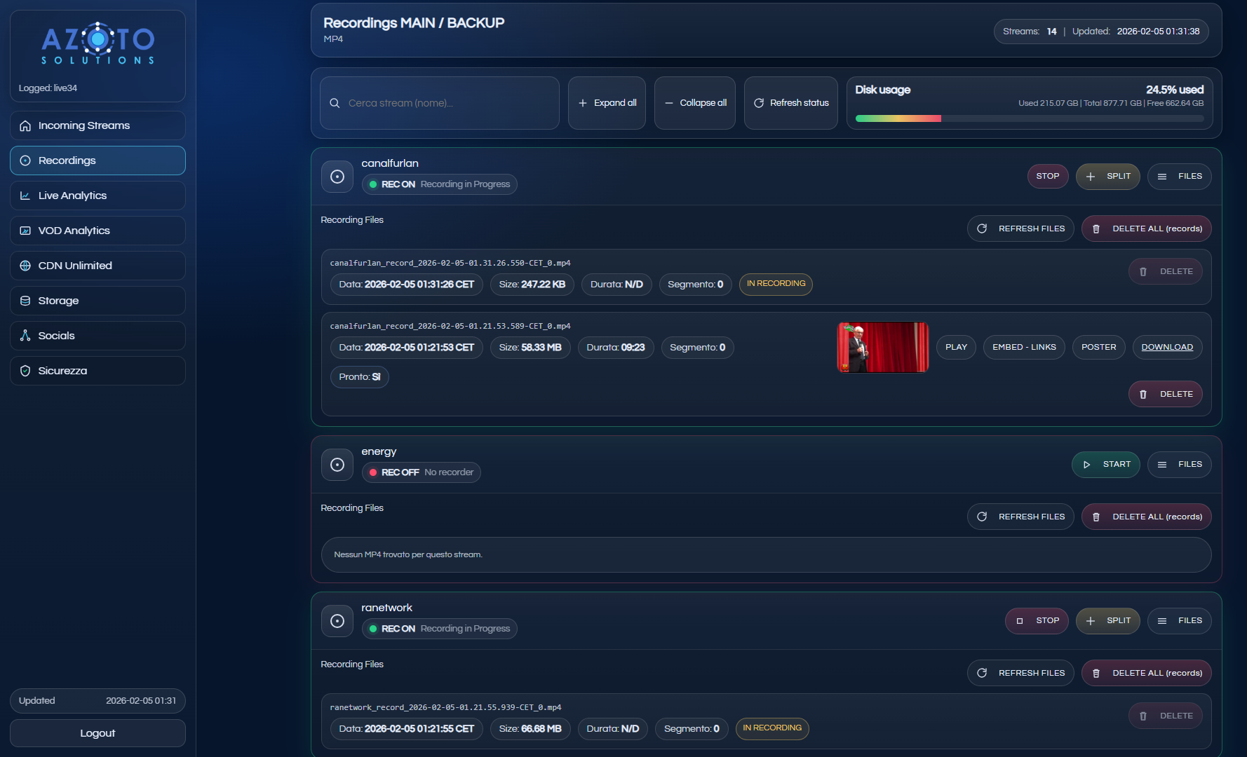 Recordings — Registra e pubblica VOD via embed